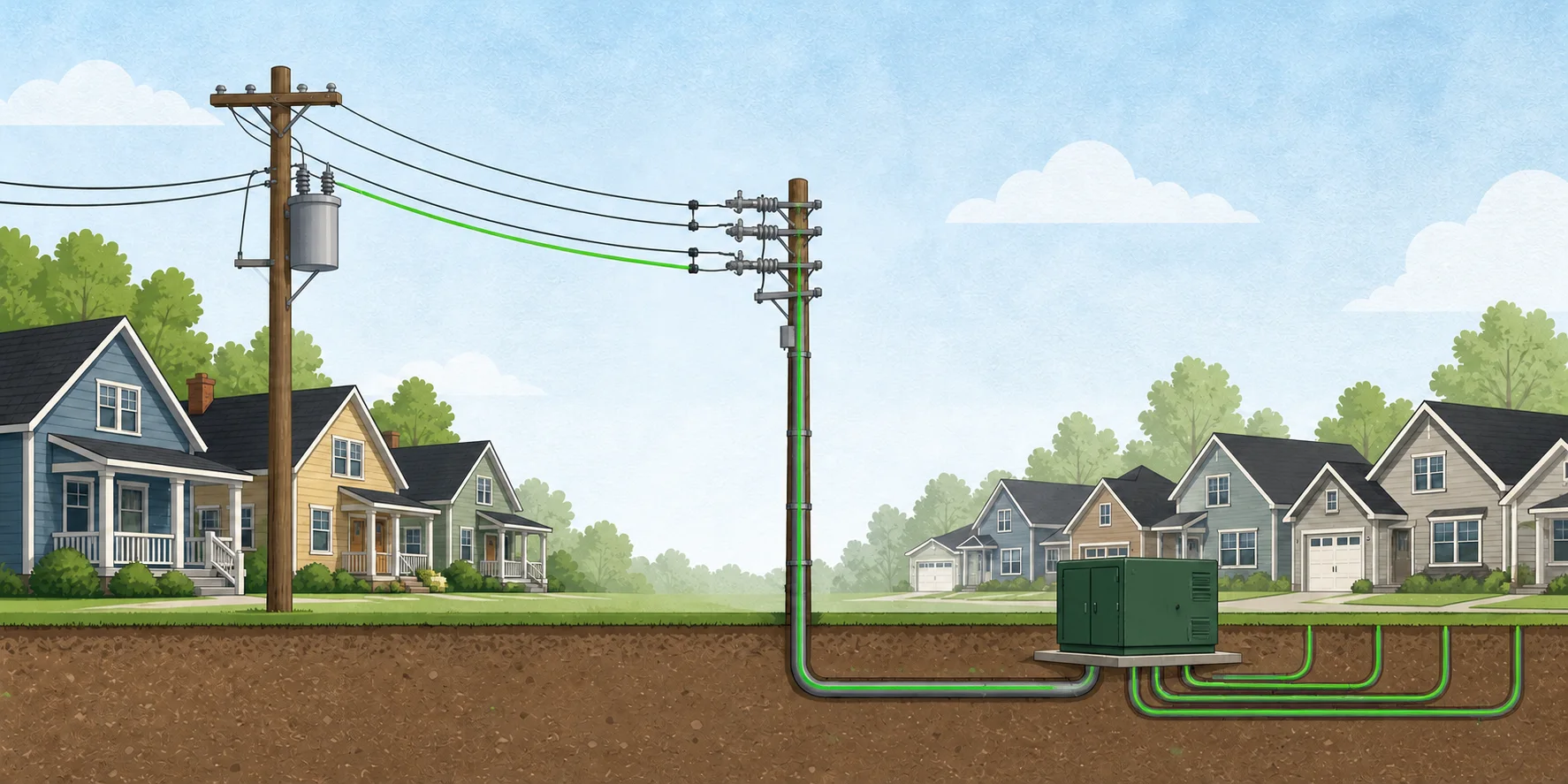An illustrated street with overhead electric service on one side and underground electric service on the other.