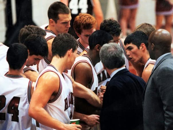 Harvard men's basketball team huddling during Brian Sigafoos's junior season